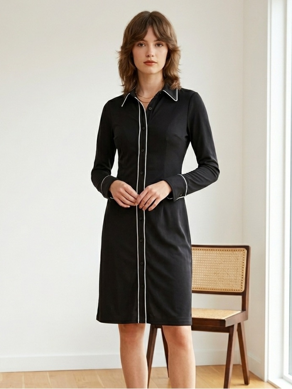 Vintage 1970s black midi shirt dress with white trim - XS